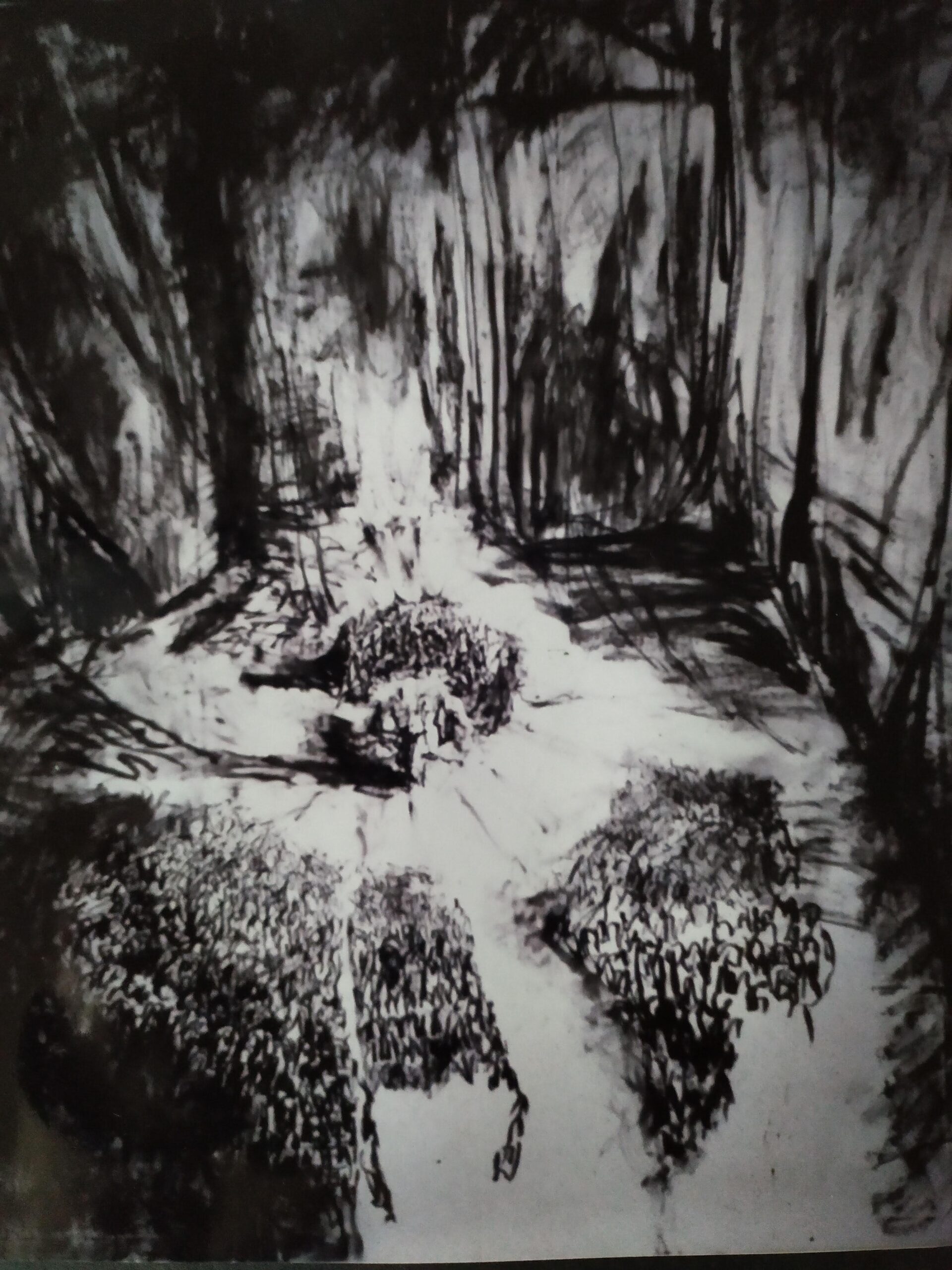 De Uitvoering van Hertog Blauwbaards Burcht Oil stick op papier 150 cm breed