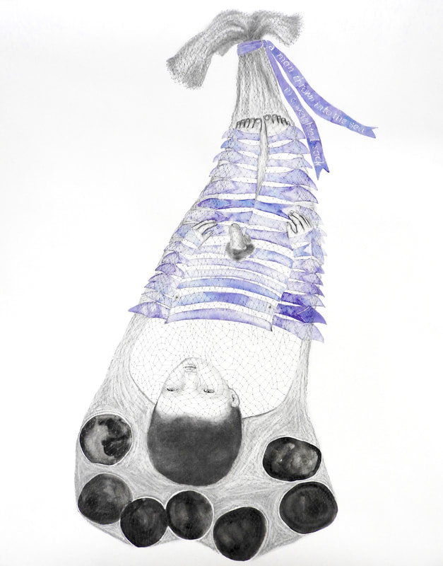 A man thrown into the sea in a weighted sack, 180 x 150 cm, watercolour, pencil & charcoal on paper,