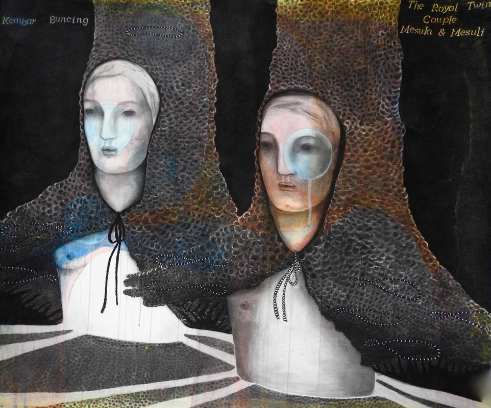 'Kembar buncing; the royal twin couple Mesula & Mesuli' 150 x 180 cm, watercolour, charcoal & pastel