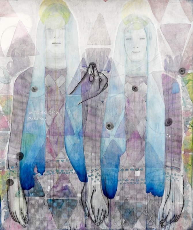 Witches often assume,  180 x 150 cm,  watercolour, charcoal, pastel, acrylic on paper,  2015
