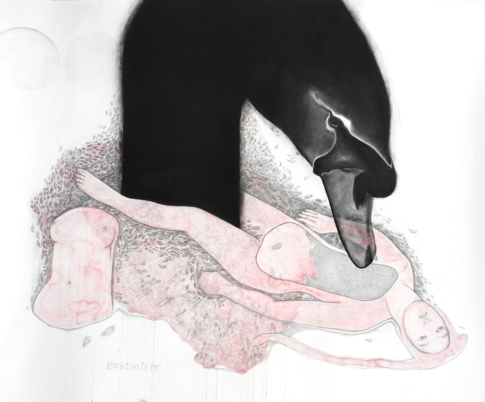 'Bestiality',  150 x 180 cm,  watercolour, pencil, charcoal & soft pastel on paper,  2014