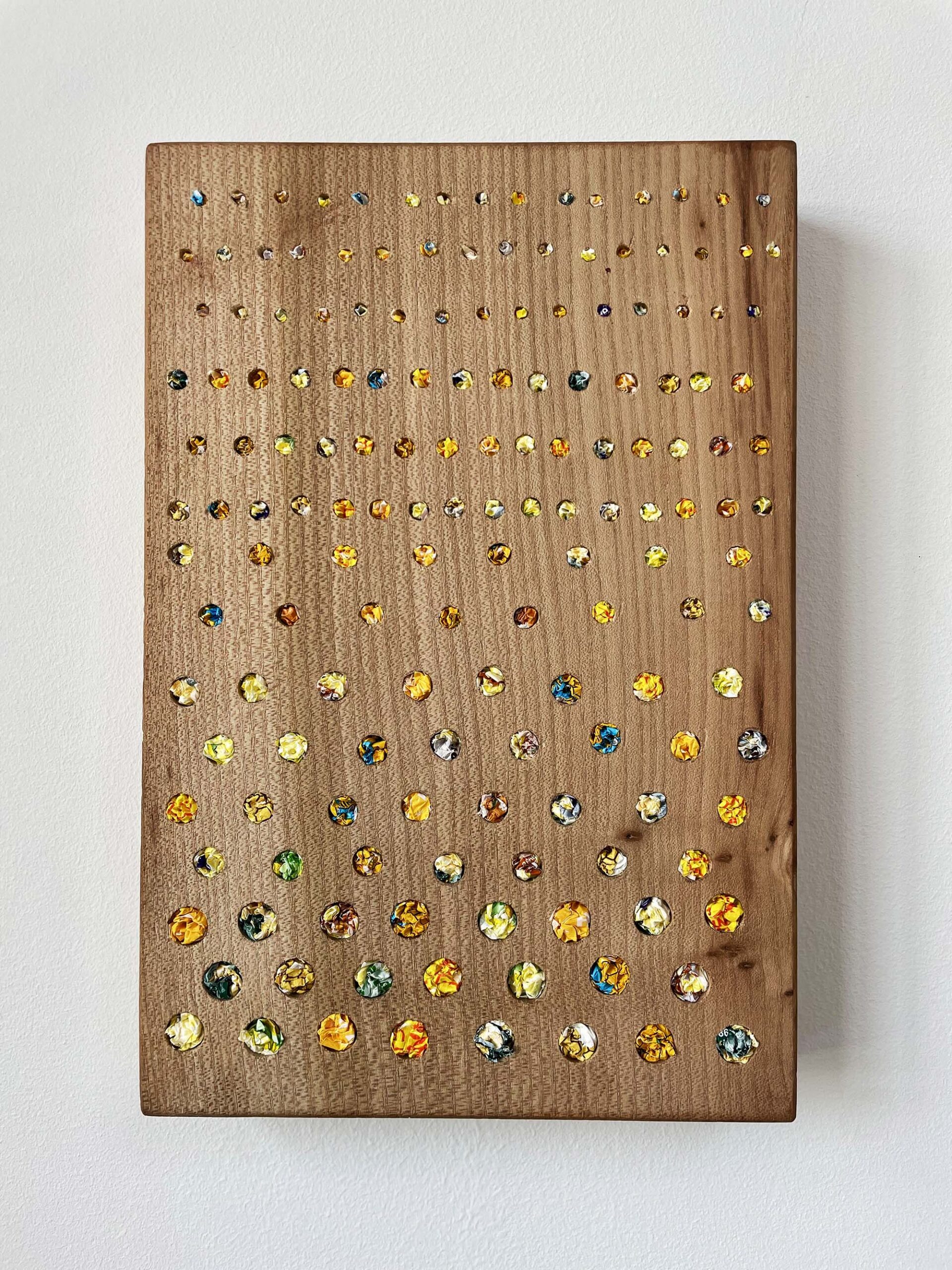 nesting box, honey candy wrappers, wood, 23x16x4 cm 2025