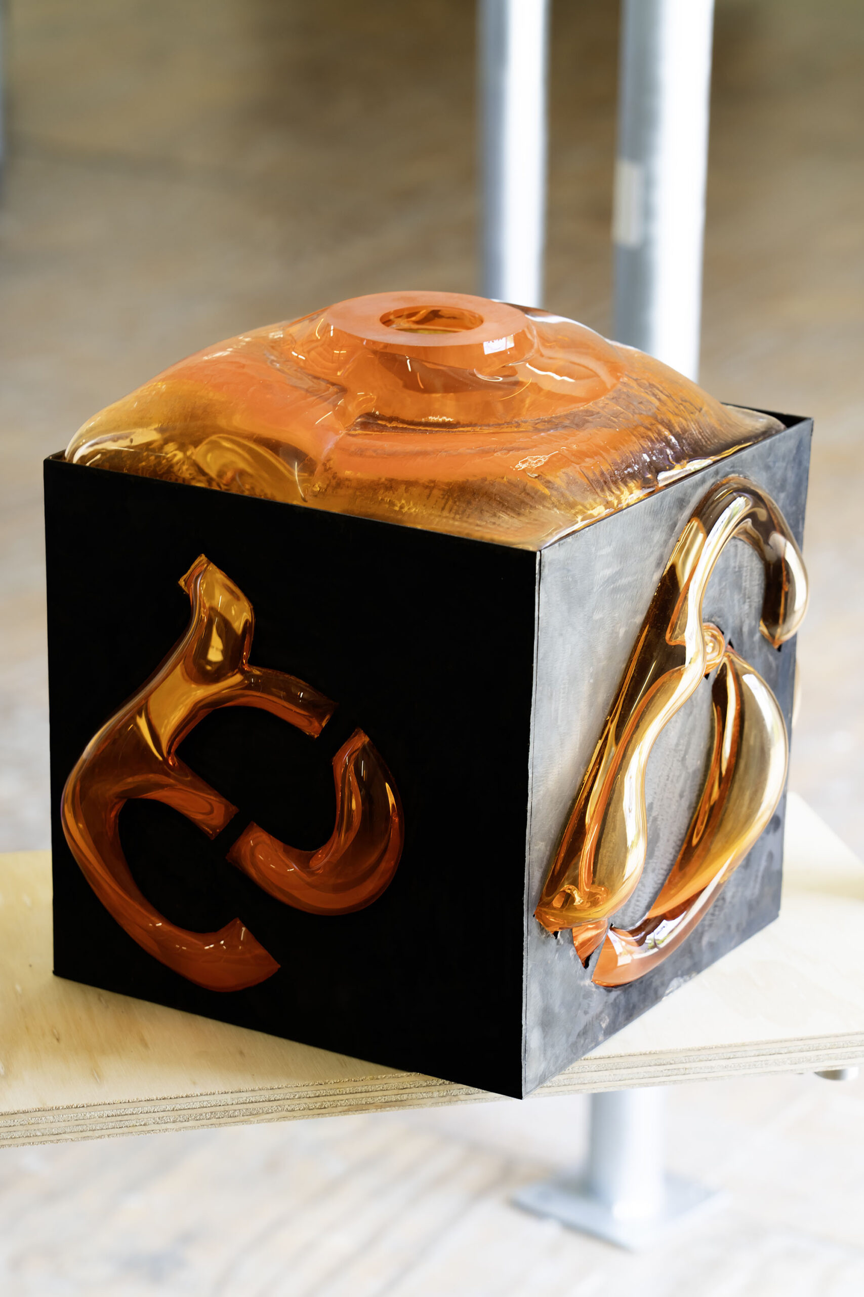 Shape Sorter (gasp) Metal, blown glass 30 x 30 x 30 cm