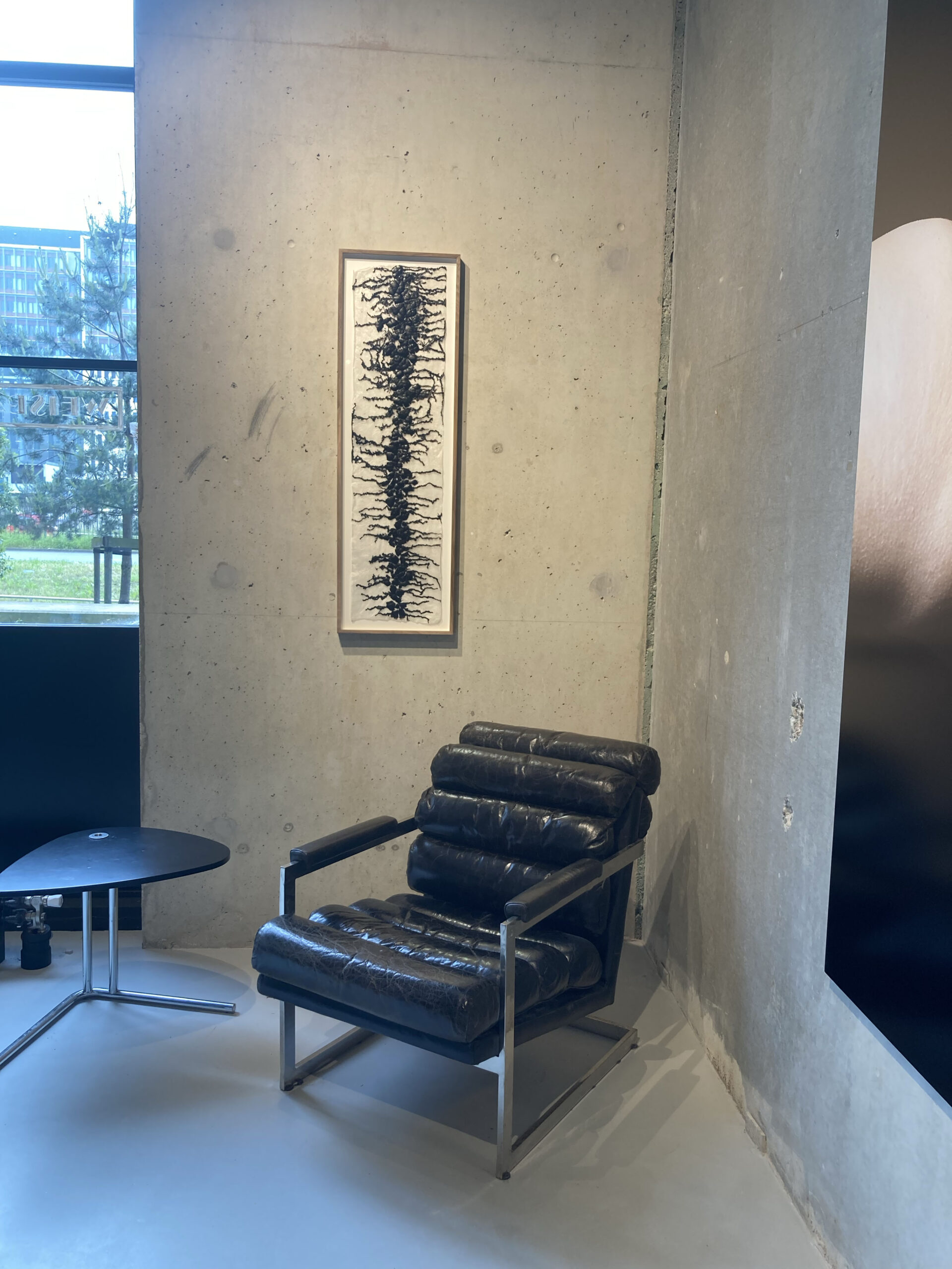 #2.4.2023 SPINE  eggshell and black ink on silk tissue paper  framed in Dutch durable walnut