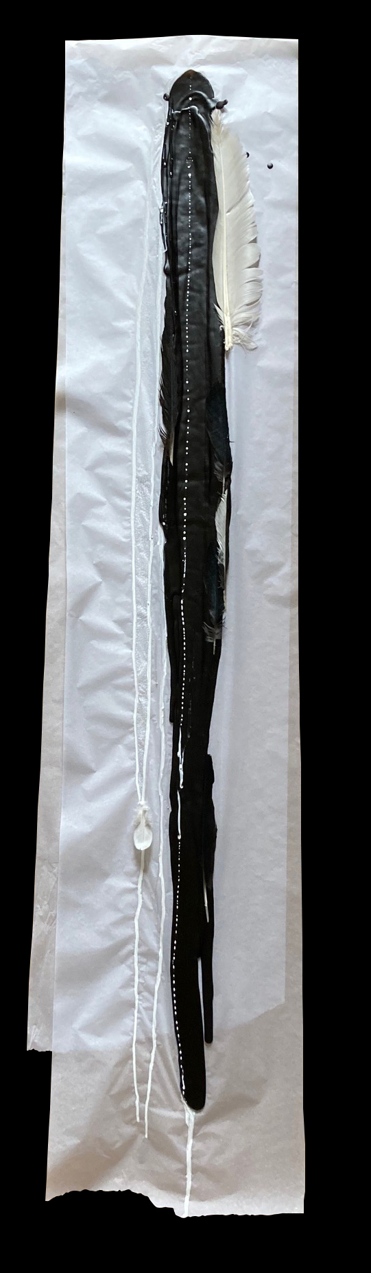 #2.6.2023 EVE  wax, white ink, leaves and feathers on silk tissue paper  30 x 145 cm