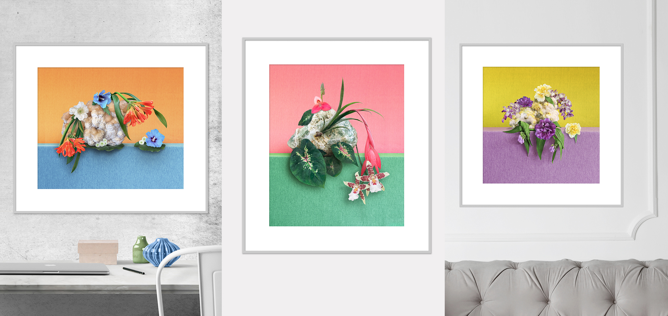 Precious serie II: Sulfur Crystals, Green Fluorine en Limestone & Calcite Crystals