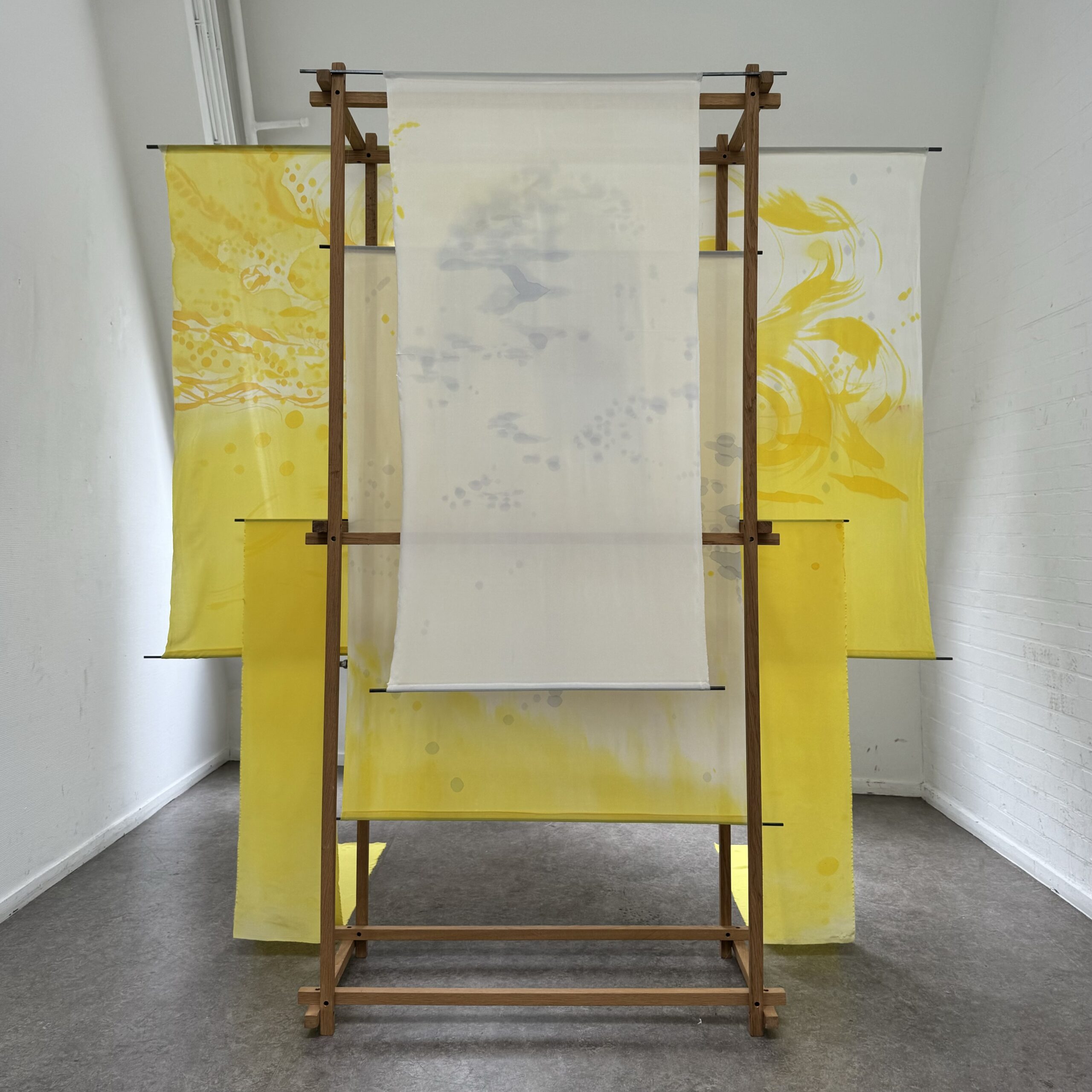 Apollo, 2024, 220 x 280 x 200 cm, dye on silk, wood.