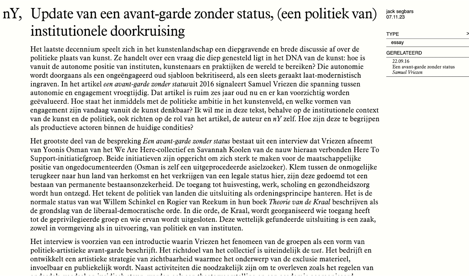 Update van een avant-garde zonder status, (een politiek van) institutionele doorkruising