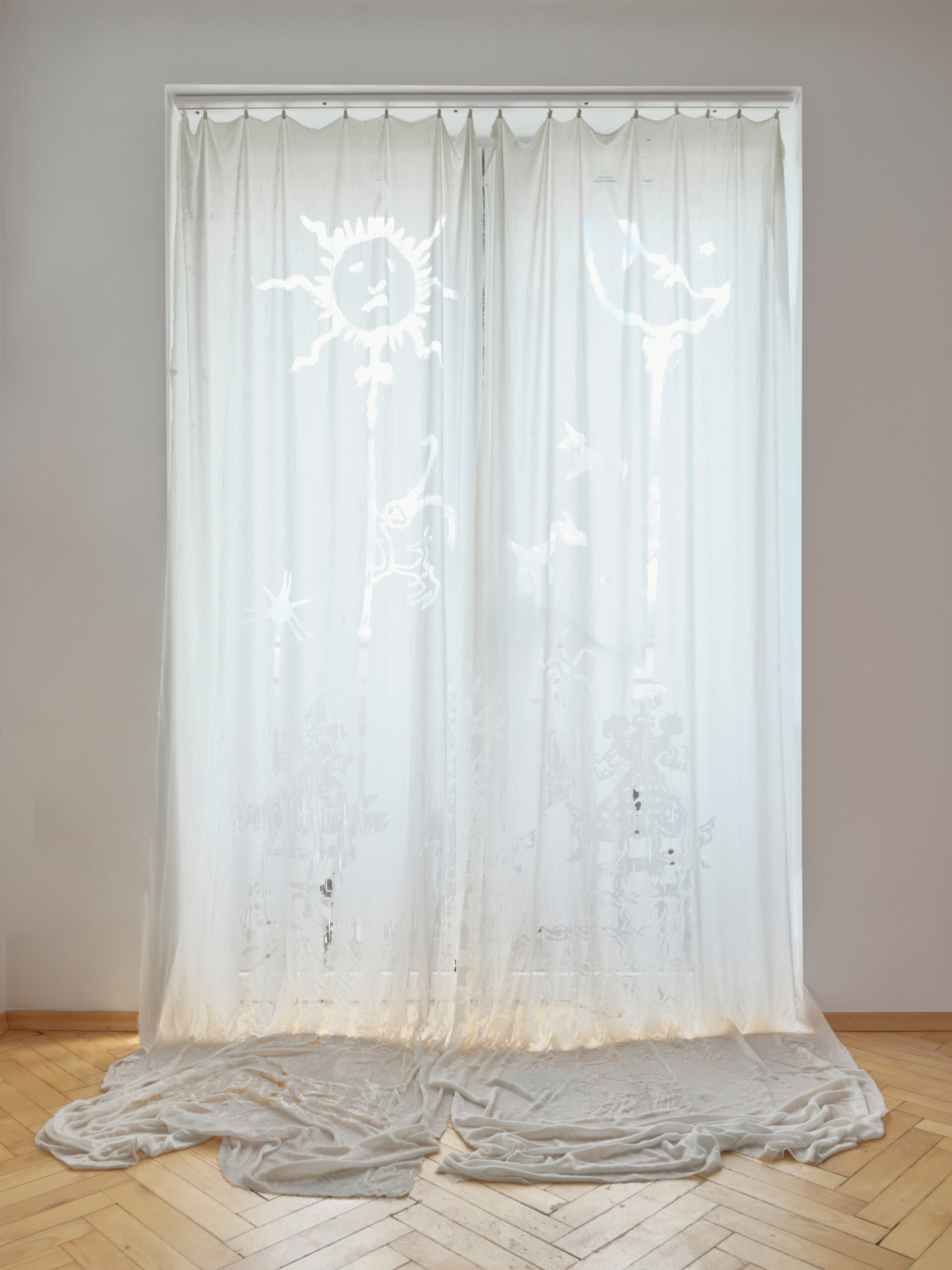 Two States of Home, curtain – diptych, screen print on fabric, 170x300 cm, 2026