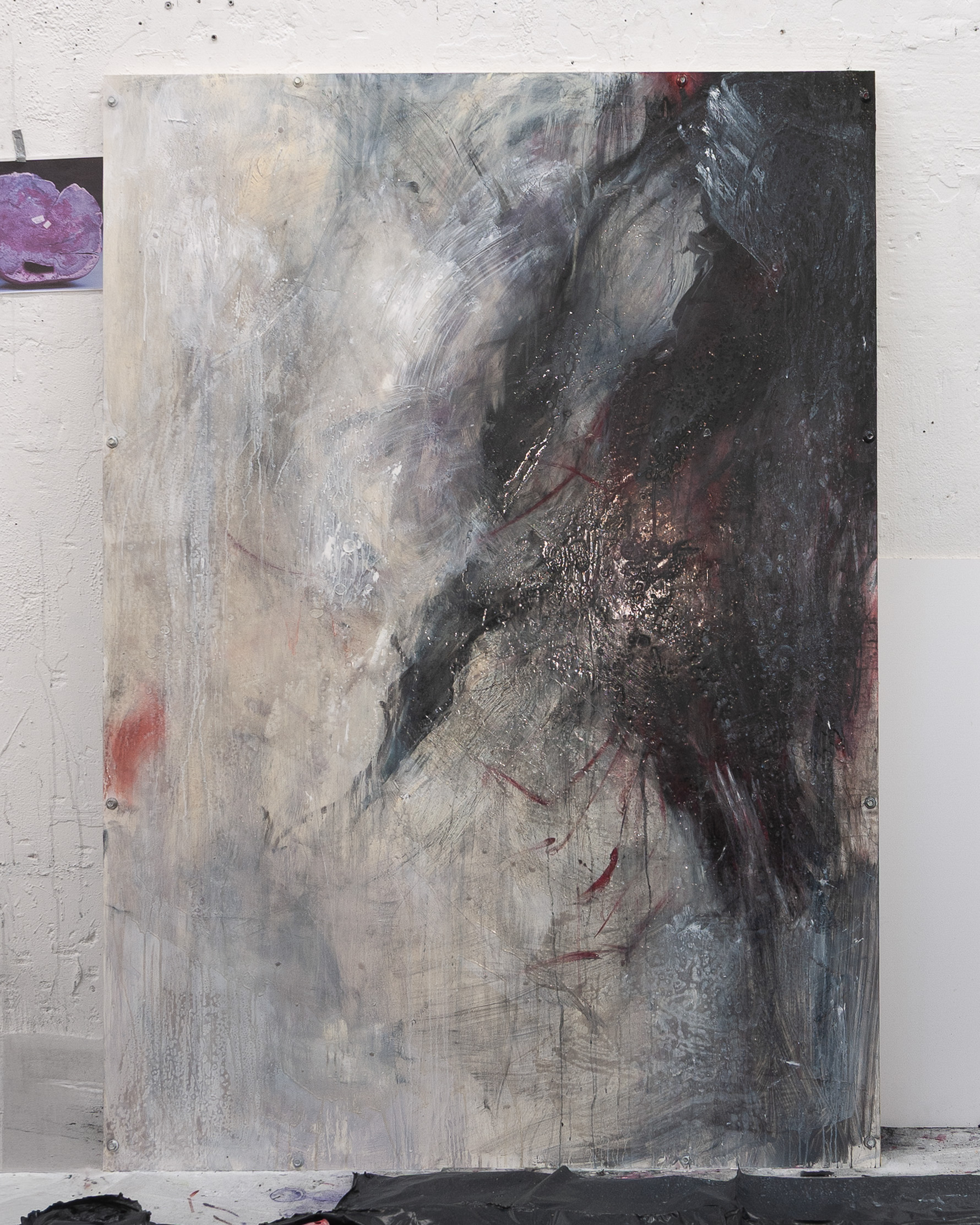 untitled (weight of ache)., [2026] oils, acrylic, and resin on composite pannel.