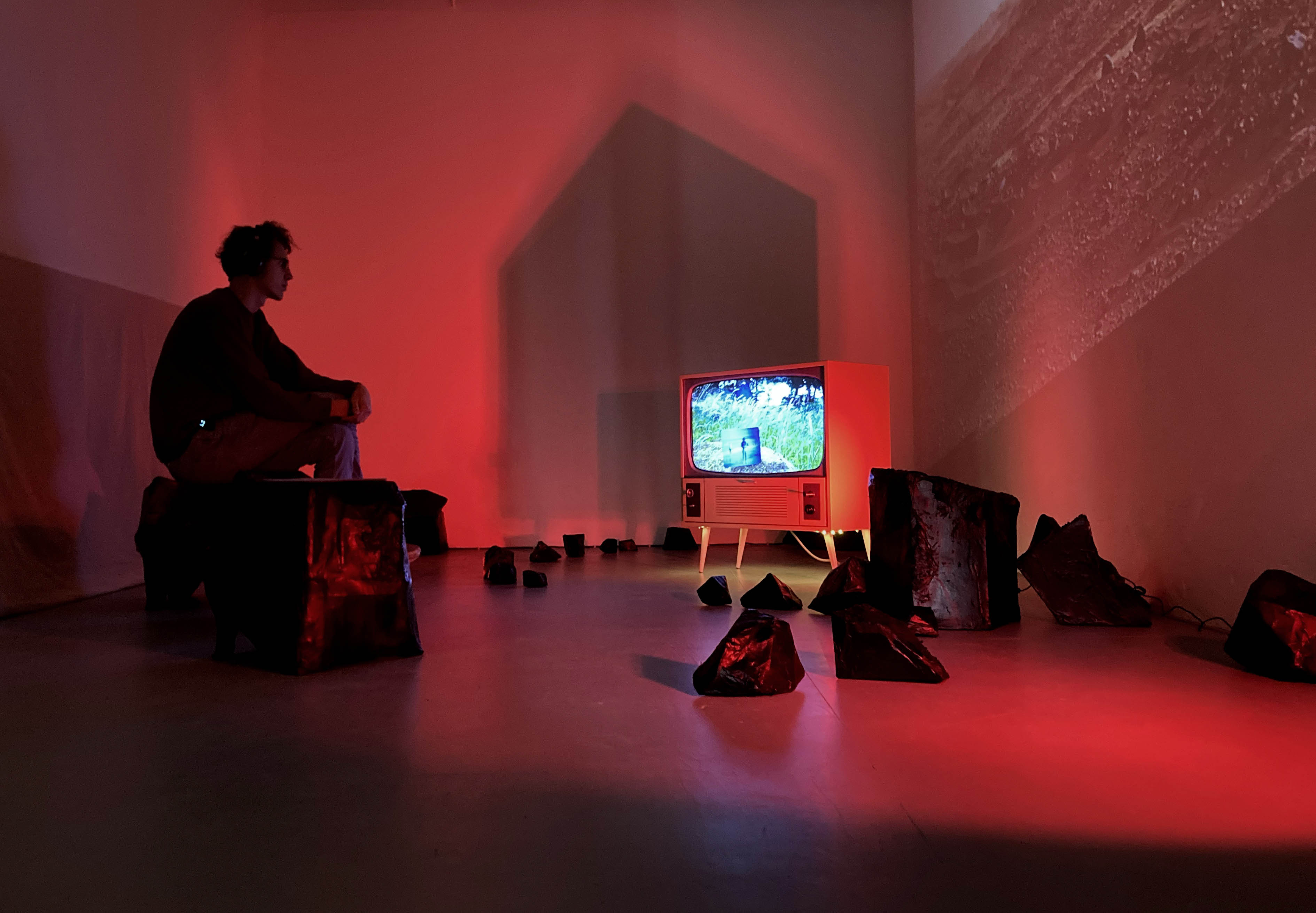 1976: Search for Life, 2022, HD video in custom TV cabinet, 8’, papier mache rocks and rock stools,