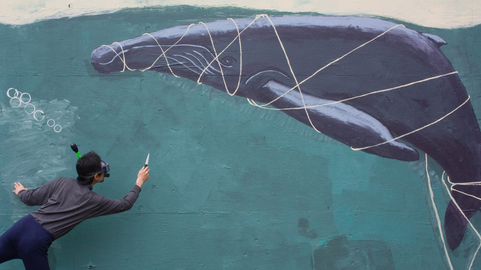 The Whale Story, 2012, 3’36’’, HD video (mural animation, performance/intervention)